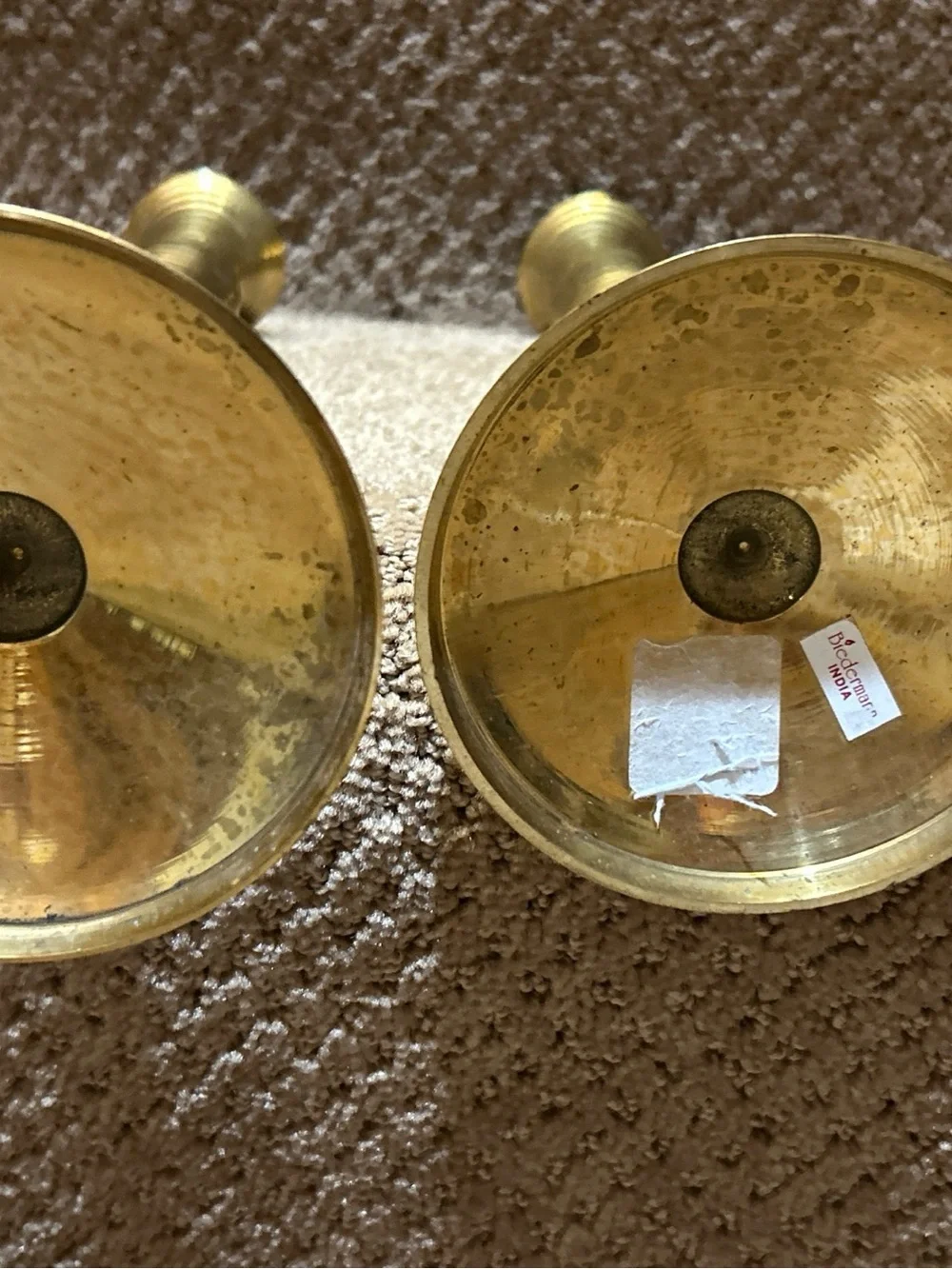 Vtg Heavy Brass candlesticks Ribbed MCM Design 10” Pair, Patina Biedermann India